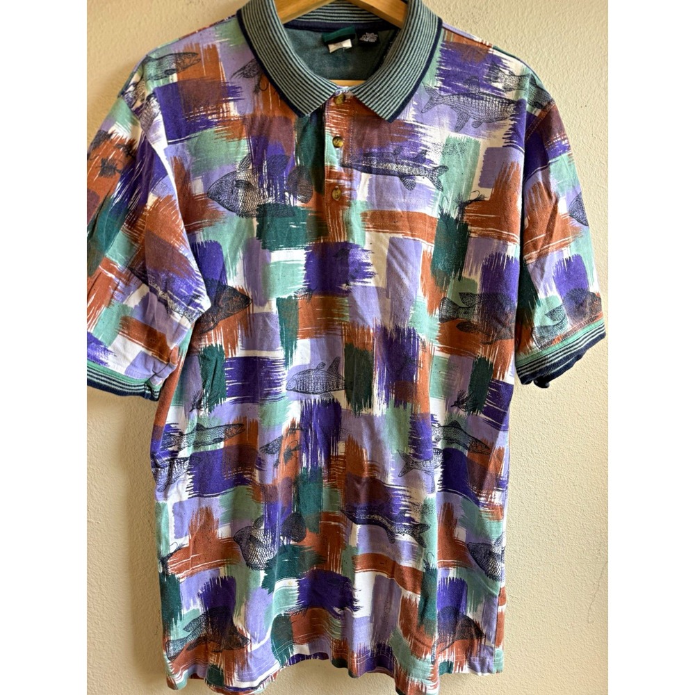 Le Coq Sportif Men's Polo Shirt Size L Multicolor Abstract Cotton Logo Button